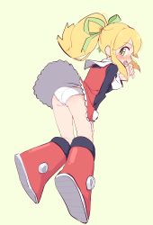 Rule 34 | 1girl, absurdres, ass, black shirt, blonde hair, blush, boots, dress, eds, embarrassed, female focus, from behind, full body, green background, green eyes, highres, long hair, long sleeves, looking back, mega man (classic), mega man (series), open mouth, panties, red dress, red footwear, roll (mega man), shirt, simple background, solo, underwear, white panties