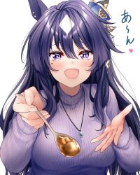 Rule 34 | 1girl, :d, alternate costume, animal ears, blue eyes, blush, breasts, commentary request, food, holding, holding spoon, horse ears, horse girl, incoming food, jewelry, large breasts, long hair, long sleeves, looking at viewer, mole, mole under eye, open mouth, pendant, purple eyes, red hayao, ribbed sweater, simple background, smile, spoon, sweater, umamusume, upper body, verxina (umamusume), white background