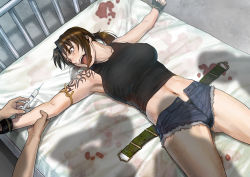 Rule 34 | 1boy, 1girl, angry, azasuke, bdsm, bed, black lagoon, black panties, blood, bondage, bound, breasts, constricted pupils, hospital bed, imminent rape, large breasts, lying, micro shorts, navel, needle, on back, on bed, open mouth, panties, peeing, peeing self, ponytail, revy (black lagoon), shadow, short shorts, shorts, solo focus, syringe, tattoo, teeth, torn clothes, torn shorts, unbuttoned, underwear