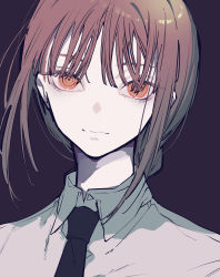 Rule 34 | 1girl, absurdres, alternate eye color, black background, black necktie, braid, braided ponytail, brown hair, business suit, chainsaw man, collared shirt, eyelashes, eyes visible through hair, female focus, formal, highres, light smile, long hair, looking at viewer, makima (chainsaw man), mochizuki kei, necktie, orange eyes, portrait, ringed eyes, shirt, simple background, smile, solo, suit