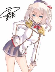 Rule 34 | 10s, 1girl, artist name, beret, black skirt, blue eyes, blush, buttons, collared shirt, cowboy shot, double-breasted, epaulettes, eyebrows, grey shirt, hair between eyes, hand on own ass, hat, highres, kantai collection, kashima (kancolle), kyoo-kyon (kyo-kyon), leaning forward, looking at viewer, neckerchief, pleated skirt, shirt, signature, simple background, sketch, skirt, smile, solo, thighs, twintails, white background, white hair, yuki arare