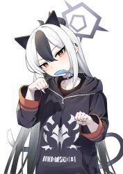 Rule 34 | 1girl, alternate hairstyle, animal ears, black hair, black sweater, blue archive, cat ears, cat tail, collarbone, commentary request, demon girl, demon horns, fake animal ears, fish, gradient hair, hair between eyes, hair down, halo, head tilt, highres, hood, hooded sweater, horns, kayoko (blue archive), long hair, long sleeves, looking at viewer, men zhong mu, mole, mole on collarbone, mouth hold, multicolored hair, orange eyes, paw pose, sidelocks, simple background, solo, sweater, tail, two-tone hair, white background, white hair