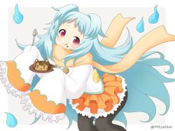 Rule 34 | 1girl, :q, black pantyhose, blue hair, blush, brown scarf, closed mouth, commentary request, food, food on face, foodification, forehead, grey background, hitodama, holding, holding spoon, jacket, karyl (princess connect!), layered skirt, long hair, long sleeves, looking at viewer, mitya, miyako (princess connect!), objectification, orange skirt, pantyhose, pleated skirt, princess connect!, pudding, red eyes, scarf, skirt, sleeves past fingers, sleeves past wrists, smile, solo, spoon, tongue, tongue out, twitter username, two-tone background, two side up, very long hair, white background, white jacket