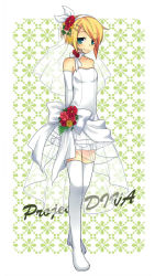 Rule 34 | 1girl, alternate hairstyle, arms behind back, bare shoulders, blush, boots, dress, flower, headset, kagamine rin, project diva, project diva (series), smile, solo, tamura hiro, thigh boots, thighhighs, vocaloid, wedding dress, zettai ryouiki