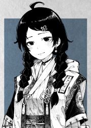 Rule 34 | 1girl, absurdres, arm cutout, blue background, blush, braid, choker, closed mouth, doi nau, earrings, flower, greyscale with colored background, hair flower, hair ornament, hair over shoulder, hashtag-only commentary, highres, hololive, jacket, japanese clothes, jewelry, kimono, long hair, long sleeves, monochrome, obi, ofuda, outside border, pendant, sash, smile, solo, star (symbol), star earrings, swept bangs, tassel, tokino sora, twin braids, twintails, upper body, virtual youtuber