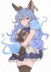Rule 34 | 1girl, animal ears, backless dress, backless outfit, bare shoulders, blue hair, breasts, brown eyes, brown gloves, brown thighhighs, closed mouth, commentary, creature, creature on shoulder, dress, earrings, erune, ferry (granblue fantasy), frilled dress, frilled gloves, frills, gloves, granblue fantasy, hair between eyes, highres, jewelry, looking at viewer, medium breasts, on shoulder, sideless outfit, simple background, single earring, smile, solo, star v1sta, thighhighs, wavy hair, white background
