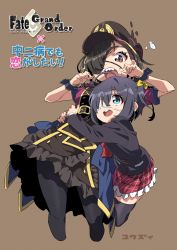 Rule 34 | 2girls, absurdres, black dress, black hair, black headwear, black jacket, black legwear, blazer, blue eyes, bow, breasts, brown background, brown eyes, chuunibyou demo koi ga shitai!, commentary request, cropped legs, crossover, dress, eyepatch, fate/grand order, fate (series), frilled dress, frilled skirt, frills, hair bow, hair over one eye, hat, highres, hug, hug from behind, jacket, multiple girls, mysterious ranmaru x (fate), one side up, pantyhose, peaked cap, plaid, plaid skirt, puffy short sleeves, puffy sleeves, red skirt, school uniform, short sleeves, simple background, skirt, small breasts, surprised, takanashi rikka, thighhighs, translation request, wrist cuffs, yellow bow, yuuzii