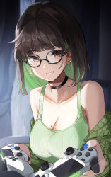 Rule 34 | 1girl, absurdres, black choker, black hair, blush, breasts, brown hair, choker, cleavage, collarbone, colored inner hair, commentary, controller, ear piercing, earrings, english commentary, game controller, glasses, green hair, green sweater, green tank top, grin, highres, holding, holding controller, holding game controller, jewelry, large breasts, long hair, looking at viewer, medium hair, miru (ormille), mole, mole on breast, mole under eye, multicolored hair, nail polish, original, ormille, piercing, smile, solo, sweater, tank top, teeth, two-tone hair, upper body