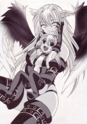Rule 34 | 1girl, breasts, chibi, cleavage, elbow gloves, final fantasy, final fantasy tactics, gloves, greyscale, hal (goshujinomocha), hal (haruna), head wings, hug, long hair, lowres, monochrome, small breasts, thighhighs, time paradox, ultima (fft), wings