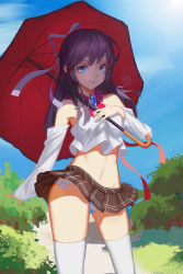 Rule 34 | 1girl, absurdres, arm behind back, bare shoulders, blue eyes, blue sky, commentary request, contrapposto, cowboy shot, day, detached sleeves, gem, hair ornament, highres, holding, holding umbrella, llk (740486133), long hair, long sleeves, looking at viewer, midriff, miniskirt, navel, original, outdoors, panties, pantyshot, plaid, plaid skirt, pleated skirt, purple hair, ribbon, side-tie panties, skirt, sky, smile, solo, standing, striped clothes, striped panties, thighhighs, tree, umbrella, underwear, white thighhighs, zettai ryouiki