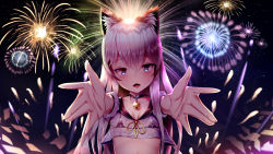 Rule 34 | 1girl, animal ears, bell, bikini, bikini top only, blue eyes, breasts, cat ears, choker, cleavage, crop top, fang, fireworks, highres, jingle bell, long hair, micro bikini, night, night sky, open mouth, original, outstretched arms, outstretched hand, see-through, shirt, silver hair, sky, small breasts, smile, solo, sootack, star (sky), swimsuit, tongue, tongue out, upper body