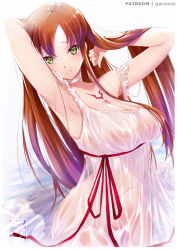 Rule 34 | 1girl, arm behind head, armpits, arms up, bad id, bad pixiv id, bare shoulders, breasts, brown hair, choker, cleavage, closed mouth, code geass, commentary, covered erect nipples, dress, english commentary, frilled straps, gainoob, green eyes, hair lift, large breasts, long hair, looking at viewer, no bra, no panties, paid reward available, parted bangs, red ribbon, ribbon, see-through, shirley fenette, sitting, smile, tattoo, white dress