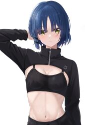 Rule 34 | 1girl, arm behind head, black bra, black dress, blue hair, blush, bocchi the rock!, bra, breasts, cleavage, closed mouth, dress, hair ornament, hair over eyes, hairclip, highres, long sleeves, looking at viewer, makise (mix020511), medium breasts, mole, mole under eye, navel, short hair, simple background, solo, stomach, underwear, white background, yamada ryo, yellow eyes