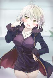 Rule 34 | 1girl, ahoge, blonde hair, blush, breasts, cleavage, coat, cowboy shot, dress, fate/grand order, fate (series), hand in pocket, hand on own hip, highres, jeanne d&#039;arc (fate), jeanne d&#039;arc alter (fate), jeanne d&#039;arc alter (ver. shinjuku 1999) (fate), medium breasts, official alternate costume, open mouth, solo, sweatdrop, thigh gap, tomozero, yellow eyes