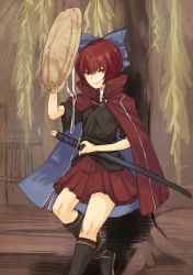 Rule 34 | 1girl, adapted costume, against tree, alternate costume, bad id, bad twitter id, boots, bowl, bowl hat, cape, hair ornament, hair ribbon, hat, katana, knee boots, looking at viewer, mile, red eyes, red hair, red skirt, ribbon, sekibanki, sheath, sheathed, shirt, short hair, short sleeves, skirt, smile, solo, sword, touhou, tree, turtleneck, urin, weapon