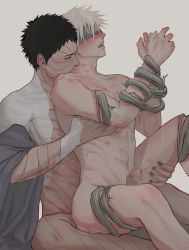 Rule 34 | 2boys, abs, anal, ass, bite mark, biting, black hair, blush, bound, bound wrists, branch, breath, censored, closed eyes, colored skin, commentary, covered eyes, cum, cum in ass, datomato, forehead protector, grey hair, hatake kakashi, hickey, highres, male focus, male penetrated, mosaic censoring, multicolored skin, multiple boys, muscular, muscular male, nail polish, naruto (series), naruto shippuuden, navel, neck biting, nude, open mouth, pectorals, penis, reverse upright straddle, saliva, scar, scar on face, sex, sex from behind, short hair, sitting, sitting on person, sweat, two-tone skin, uchiha obito, yaoi