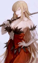 Rule 34 | . (kometto333), 1girl, black ribbon, blonde hair, breasts, center frills, cleavage, closed mouth, dress, elbow gloves, expressionless, feather-trimmed gloves, frills, gloves, hair between eyes, hair ribbon, hand on own hip, hand up, highres, holding, holding sword, holding weapon, katana, kiss-shot acerola-orion heart-under-blade, kizumonogatari, kokorowatari, large breasts, long hair, looking at viewer, monogatari (series), oshino shinobu, over shoulder, pointy ears, red dress, red lips, ribbon, simple background, solo, strapless, strapless dress, sword, very long hair, weapon, weapon over shoulder, white background, white gloves, yellow eyes