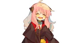 Rule 34 | 1girl, aged up, ahoge, anya (spy x family), blush, cape, closed eyes, eden academy school uniform, hairpods, happy, highres, long hair, long sleeves, open mouth, pink hair, school uniform, simple background, smile, spy x family, white background, yingwdcp999
