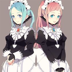 Rule 34 | 2girls, apron, bad id, bad twitter id, blue eyes, blue hair, dress, elbow gloves, felicia (fire emblem), fingerless gloves, fire emblem, fire emblem fates, flora (fire emblem), gloves, grey background, looking at viewer, maid, maid apron, maid cap, multiple girls, nintendo, pink hair, ponytail, siblings, simple background, sisters, skirt, smile, twins
