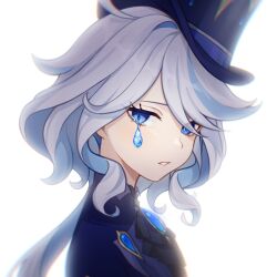 Rule 34 | 1girl, absurdres, blue eyes, blue hair, blue hat, blue jacket, brooch, commentary request, furina (genshin impact), genshin impact, hat, highres, jacket, jewelry, long hair, looking at viewer, mingguchuanjiuchong, parted lips, simple background, solo, top hat, upper body, white background