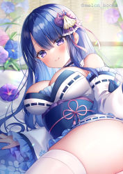 Rule 34 | 1girl, ass, blue flower, blue hair, blush, breasts, cleavage, closed mouth, commentary request, detached sleeves, flower, frilled sleeves, frills, hair between eyes, large breasts, long hair, long sleeves, lying, mitsuba choco, obi, on side, original, out-of-frame censoring, pink flower, purple eyes, purple flower, ribbon-trimmed sleeves, ribbon trim, sash, sleeves past wrists, smile, solo, thighhighs, twitter username, very long hair, wide sleeves