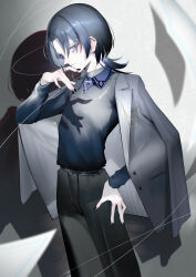 Rule 34 | 1girl, absurdres, black jacket, black pants, black shirt, blue eyes, blue hair, collared shirt, hand on own hip, highres, hiodoshi ao, holding, holding pen, hololive, hololive dev is, inumata ichini, jacket, jewelry, looking at viewer, nail polish, necklace, pants, pen, ring, shirt, short hair, solo, striped clothes, striped jacket, vertical-striped clothes, vertical-striped jacket, virtual youtuber