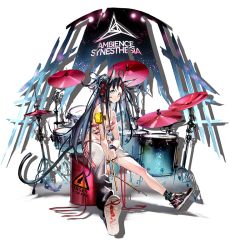 Rule 34 | 1girl, arknights, asymmetrical pants, black footwear, black hair, blaze (arknights), blaze (burst feline) (arknights), blue eyes, cat tail, costume request, crop top, cymbals, drum, drum set, headphones, headset, instrument, long hair, looking at viewer, midriff, official alternate costume, official art, pants, shoes, sitting, smile, sneakers, solo, tail, tank top, transparent background, very long hair, white pants, white tank top, yui (niikyouzou)