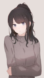 Rule 34 | 1girl, :o, absurdres, alternate costume, black hair, commission, earrings, grey sweater, highres, holding own arm, idolmaster, idolmaster shiny colors, jewelry, kazano hiori, looking at viewer, mole, mole under mouth, ponytail, simple background, skeb commission, solo, sweater, takagaki eru, upper body, wavy hair