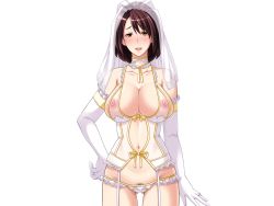 Rule 34 | 1girl, bare shoulders, blush, breasts, bridal veil, bride, brown hair, butcha-u, cleavage, cowboy shot, detached collar, elbow gloves, female pubic hair, game cg, garter belt, garter straps, gloves, gluteal fold, hand on own hip, jewelry, large breasts, legs, looking at viewer, naruse kumiko, navel, nipples, original, panties, parted bangs, parted lips, pubic hair, pubic hair peek, ring, see-through, shiny skin, shinyuu no haha kumiko, short hair, solo, standing, thigh gap, thighs, transparent background, underwear, upper body, veil, wedding ring, yellow eyes