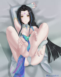 Rule 34 | 1girl, absurdres, barefoot, black hair, breasts, cameltoe, cleavage, feet, foot focus, highres, kzlz, long hair, looking at viewer, lying, multicolored hair, nail polish, on back, panties, pantyshot, soles, streaked hair, toes, underwear, yellow eyes