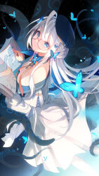 Rule 34 | 1girl, bare shoulders, bison cangshu, blue eyes, blue headwear, book, braid, breasts, bug, butterfly, butterfly ornament, dress, glasses, highres, holding, holding book, insect, key, long hair, long sleeves, looking at viewer, medium breasts, original, pen, smile, solo, tentacles, white dress, white hair