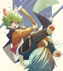 Rule 34 | 1boy, animal ear fluff, animal ears, blue eyes, borrowed character, bright pupils, broom, broom riding, cape, cat boy, cat ears, cat tail, child, digitigrade, furry, furry male, green hair, hair between eyes, kutsuno, long sleeves, male focus, messy hair, open mouth, original, pants, pawpads, short hair, solo, star (symbol), tail, white pupils