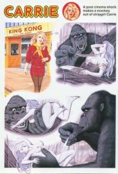 Rule 34 | 1boy, 1girl, :o, ape, ass, blonde hair, breasts, breasts out, clothes pull, english text, fangs, giant, giant monster, king kong, king kong (series), medium breasts, nipple slip, nipples, open mouth, size difference, stripper, thick thighs, thighs, torn clothes, upskirt