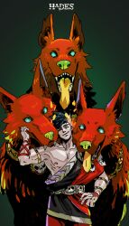 Rule 34 | 1boy, ancient greek clothes, black hair, cerberus (hades), copyright name, dog, greco-roman clothes, green background, green eyes, hades (series), hades 1, heterochromia, highres, laurel crown, male focus, multiple heads, nemo (nm20000), red eyes, single bare shoulder, skull, smile, tongue, tongue out, zagreus (hades)