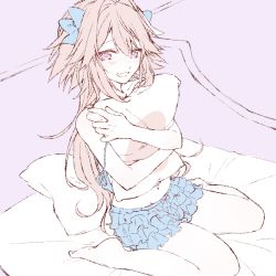 Rule 34 | 1boy, :d, alternate hairstyle, astolfo (fate), bare arms, bare legs, bare shoulders, barefoot, bed sheet, blue bow, blue camisole, blush, bow, camisole, collarbone, commentary request, covering breasts, covering privates, fang, fate/apocrypha, fate (series), frilled shorts, frills, from above, hair between eyes, hair bow, hair down, hair intakes, half-closed eyes, hands up, holding, holding pillow, indoors, kan&#039;yu (citron 82), long hair, looking at viewer, male focus, multicolored hair, navel, on bed, open mouth, pajamas, pale color, parted bangs, pillow, pink hair, purple eyes, raised eyebrows, shorts, sitting, sketch, skirt, smile, soles, solo, spaghetti strap, stomach, strap slip, streaked hair, trap, two-tone hair, very long hair, wariza, white hair