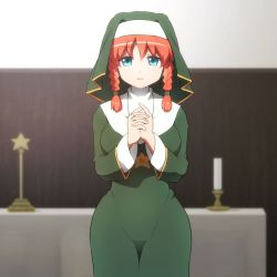 Rule 34 | 1girl, altar, anime coloring, blue eyes, braid, breasts, candle, commentary request, cowboy shot, headdress, hong meiling, indoors, interlocked fingers, jewelry, large breasts, legs together, long sleeves, looking at viewer, necklace, nun, own hands clasped, own hands together, parted lips, red hair, shirosato, smile, solo, standing, star (symbol), star necklace, touhou, traditional nun, twin braids, wide hips