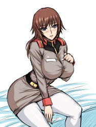 Rule 34 | 1girl, black beat, blush, breasts, brown hair, gundam, gundam lost war chronicles, gundam side story: from place beyond the blaze, huge breasts, leaning forward, lips, military, military uniform, miyu takisawa, open mouth, pantyhose, purple eyes, simple background, sitting, solo, thighs, tight clothes, uniform, wallpaper, white pantyhose