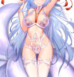 Rule 34 | 1girl, :q, arm up, armpits, blue hair, bra, breasts, closed mouth, covered navel, fox tail, gluteal fold, hair ornament, head out of frame, highres, kuuki shoujo, large breasts, lingerie, long hair, lying, multiple tails, nail polish, ninsaki (9saki), o-ring, on back, panties, smile, solo, stitched, tail, the personification of atmosphere, thighhighs, third-party edit, tongue, tongue out, underwear, underwear only, very long hair, white bra, white panties, white thighhighs