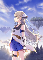 Rule 34 | 1girl, arm guards, artist name, backlighting, blue eyes, blue skirt, blue sky, booota, closed mouth, cloud, cloudy sky, day, floating hair, floating island, grey hair, kuga asahi, light smile, long hair, looking to the side, outdoors, pleated skirt, shichisei no subaru, signature, skirt, sky, smile, solo, thigh strap