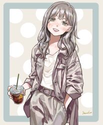 Rule 34 | 1girl, absurdres, belt, cup, disposable cup, drinking straw, green eyes, grey hair, grin, gucheng jianglixiang, hand in pocket, head tilt, highres, holding, holding cup, jacket, long hair, looking at viewer, original, pants, smile, solo