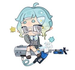 Rule 34 | 1girl, ahoge, aqua hair, arm support, blush, bow, bowtie, brown footwear, buttons, cardigan, chibi, closed mouth, commentary, commission, cut bangs, e-liter 4k (splatoon), english commentary, expressionless, full body, glasses, gradient hair, green hair, grey cardigan, grey eyes, grey skirt, hair ornament, hand up, inkling, inkling girl, inkling player character, long sleeves, looking at viewer, loose socks, multicolored hair, nintendo, p-pepper, pleated skirt, pointy ears, school uniform, shoes, short eyebrows, short hair, sidelocks, simple background, sitting, skirt, sleeves past fingers, sleeves past wrists, socks, solo, splatoon (series), tentacle hair, weapon, white background, white bow, white bowtie, white socks