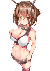 Rule 34 | 10s, 1girl, adapted costume, asymmetrical breasts, bikini, breasts, brown eyes, brown hair, groin, hair between eyes, headgear, kantai collection, large breasts, mutsu (kancolle), navel, short hair, simple background, smile, solo, stomach, swimsuit, thighhighs, white background, white bikini, yukishiro arte