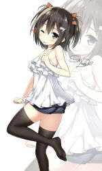 Rule 34 | 1girl, ;p, black hair, black thighhighs, blue eyes, bow, breasts, feet, hair bow, highres, leg up, looking at viewer, no shoes, one eye closed, original, short hair, short twintails, shorts, simple background, sky-freedom, sky (sky-freedom), small breasts, solo, standing, standing on one leg, tareme, thighhighs, tongue, tongue out, twintails, two side up, white background