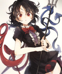 Rule 34 | 1girl, asymmetrical wings, black dress, black hair, blush, bow, bowtie, dress, hisona (suaritesumi), houjuu nue, looking at viewer, polearm, red eyes, short dress, short hair, short sleeves, simple background, slit pupils, solo, touhou, trident, weapon, wings