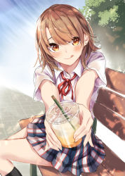 Rule 34 | 1girl, bench, black socks, blue sky, blush, brown hair, collar, collared shirt, cup, disposable cup, drinking straw, highres, holding, holding cup, isshiki iroha, looking at viewer, neckerchief, orange eyes, outdoors, outstretched arms, plaid, plaid skirt, pleated skirt, red neckerchief, sahara386, school uniform, shirt, short hair, short sleeves, sitting, skirt, sky, socks, solo, tiles, tongue, tongue out, tree, twisted torso, white shirt, yahari ore no seishun lovecome wa machigatteiru.
