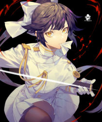 Rule 34 | 1girl, azur lane, black background, black hair, black pantyhose, bow, breasts, buttons, closed mouth, copyright name, double-breasted, gloves, hair bow, hair flaps, holding, holding sword, holding weapon, large breasts, long hair, long sleeves, looking at viewer, military, military uniform, miniskirt, pantyhose, pleated skirt, sidelocks, simple background, skirt, solo, sword, takao (azur lane), tsurime, uniform, unsheathed, very long hair, weapon, white bow, white gloves, white skirt, yamakawa, yellow eyes