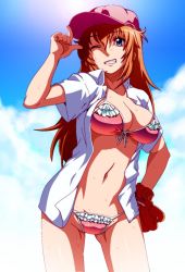 Rule 34 | 1girl, baseball glove, bikini, blue eyes, breasts, brown hair, charlotte e. yeager, cloud, day, grin, hat, large breasts, lens flare, long hair, navel, one eye closed, sky, smile, solo, strike witches, sweat, swimsuit, tabigarasu, wink, world witches series