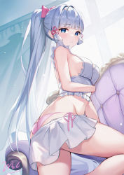 Rule 34 | 1girl, alternate costume, ass, ayaka (genshin impact), bad id, bare arms, blue eyes, blunt bangs, blush, bow, breasts, butt crack, chair, clothes pull, crop top, easy chair, eric (tianqijiang), flower knot, from below, from side, genshin impact, groin, hair bow, hair ribbon, highres, indoors, long hair, looking at viewer, medium breasts, midriff, miniskirt, on chair, on one knee, panties, parted lips, pink bow, pink panties, pleated skirt, ponytail, red ribbon, revision, ribbon, shirt, side-tie panties, sideboob, sidelighting, signature, skirt, skirt pull, sleeveless, sleeveless shirt, solo, thighs, tress ribbon, underwear, very long hair, white hair, white shirt, white skirt, window