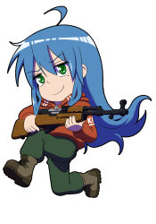 Rule 34 | 1girl, ahoge, blue eyes, boots, brown footwear, chibi, commentary, death by lolis, english commentary, full body, green eyes, green pants, gun, highres, holding, holding gun, holding weapon, hood, hooded sweater, hoodie, izumi konata, long hair, lucky star, mole, mole under eye, pants, red hoodie, red sweater, rifle, sks, smile, solo, sweater, weapon