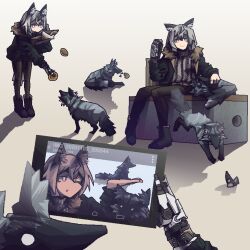 Rule 34 | 1girl, animal ears, boots, bright pupils, coat, cookie, eating, food, fox, full body, fur trim, hand up, holding, jaana kettu, karamelflan, looking at viewer, mechanical arms, mouse (animal), multiple views, one eye closed, original, pantyhose, petting, pov, selfie, shadow, shorts, simple background, single mechanical arm, sitting, sweater, white background, white pupils, wolf ears